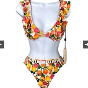 NWT Nanette Lepore Tutti Frutti Ruffle  Halter Reversible Bottoms Bikini Sz 12